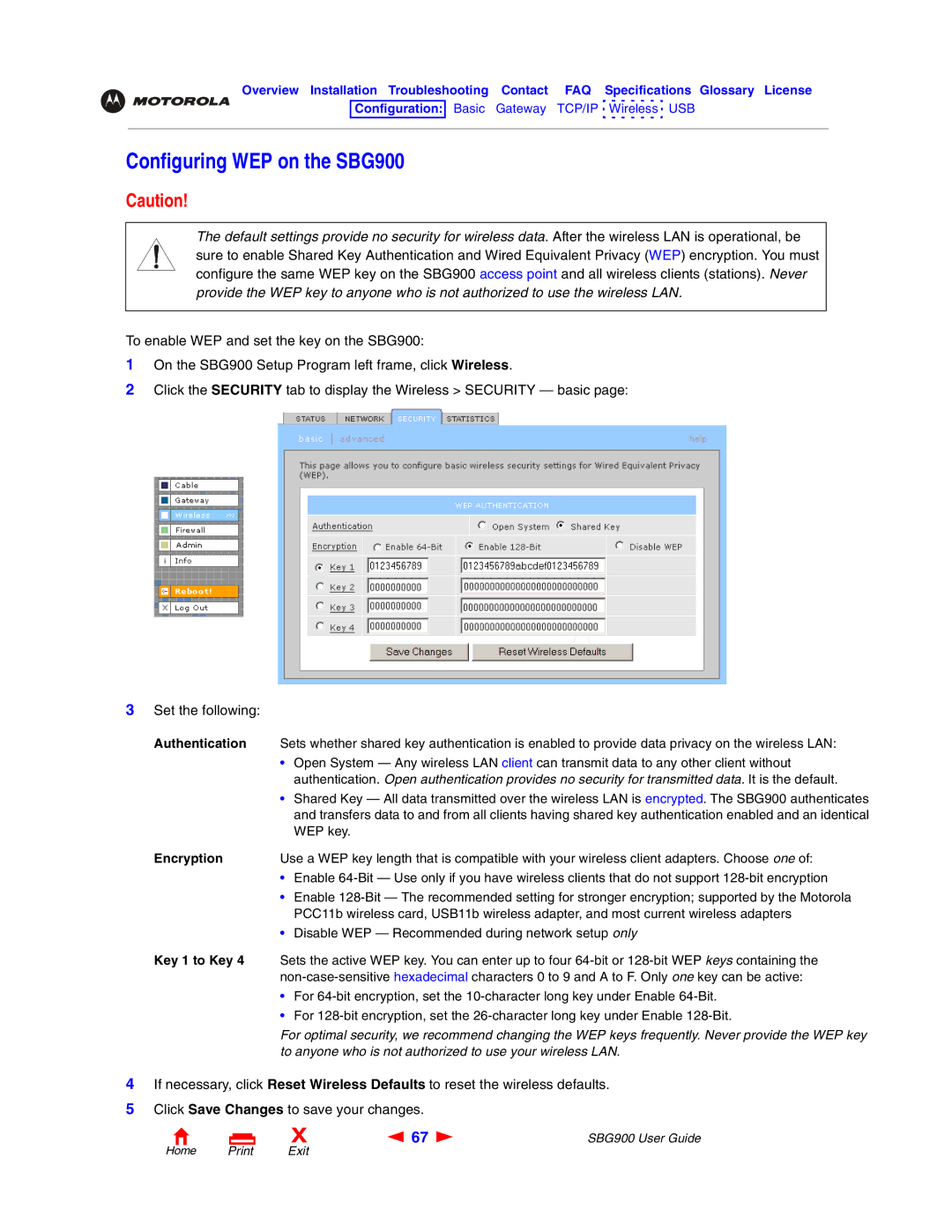 Motorola manual Configuring WEP on the SBG900, Encryption 