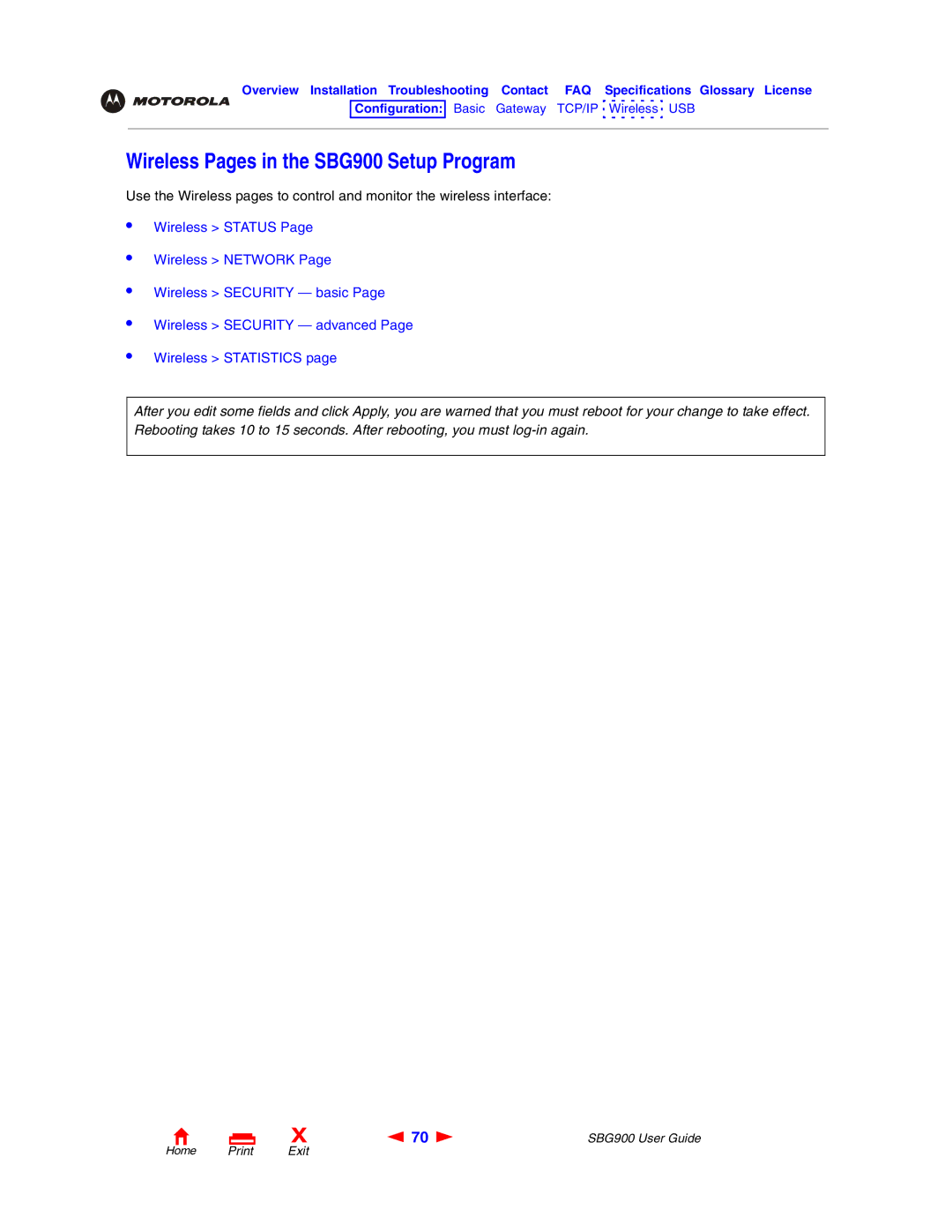 Motorola manual Wireless Pages in the SBG900 Setup Program 