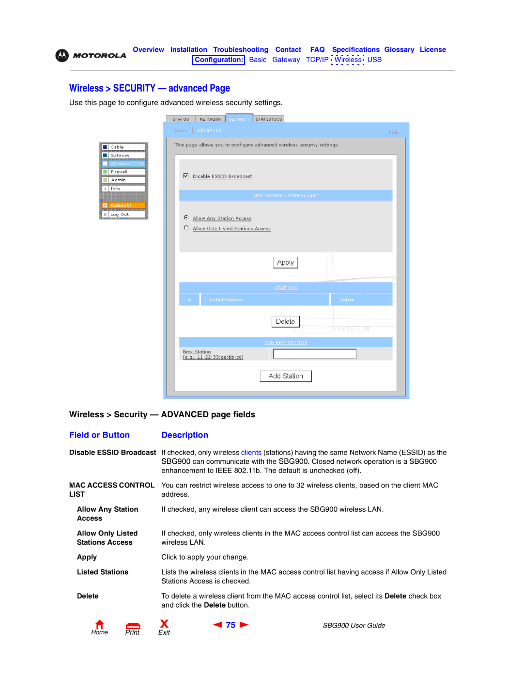 Motorola SBG900 manual Wireless Security advanced, MAC Access Control, List 