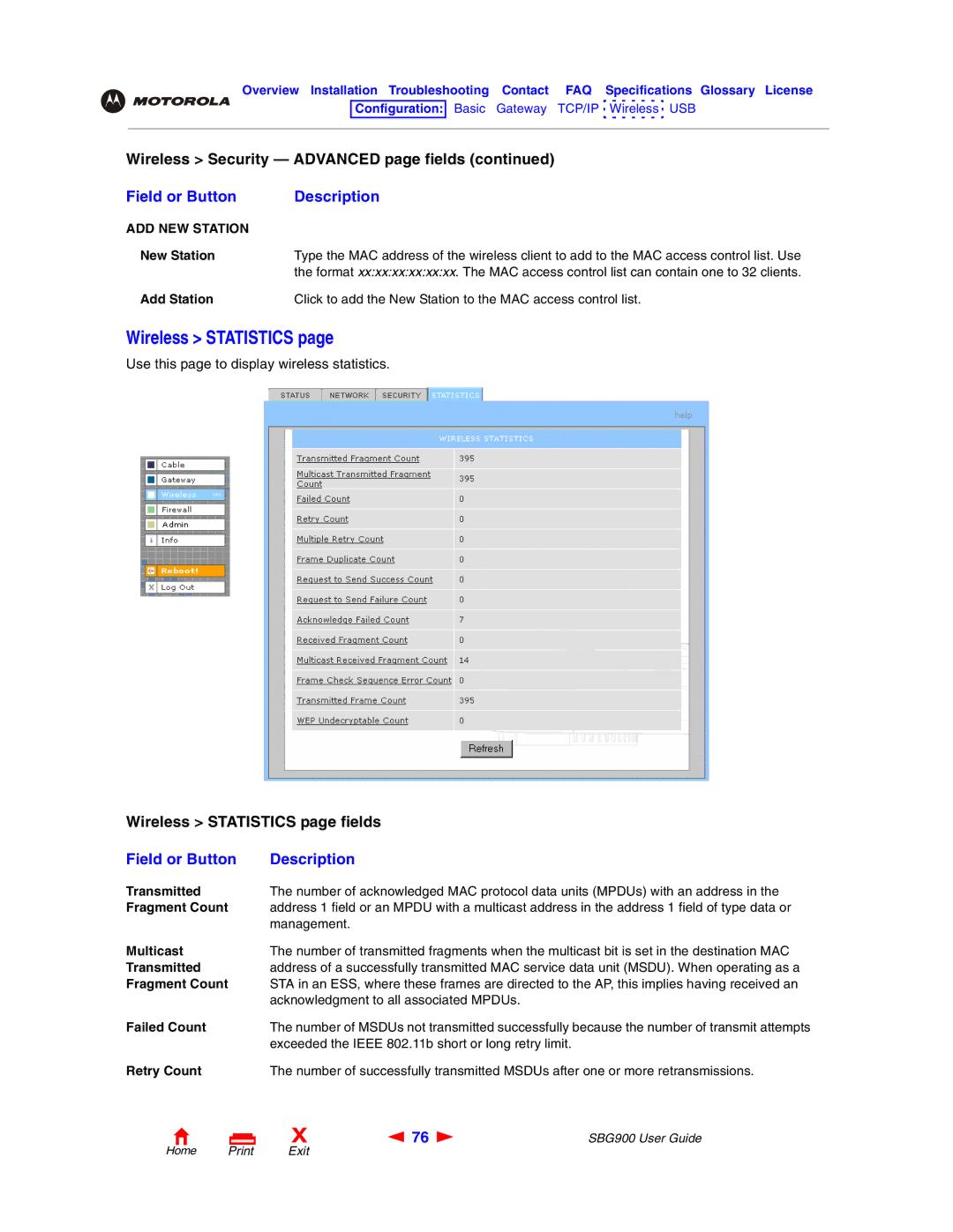 Motorola SBG900 manual Wireless Statistics, ADD NEW Station 