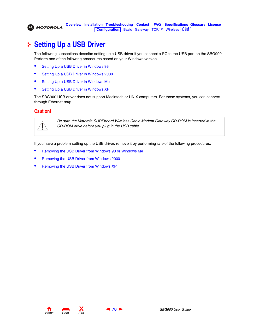 Motorola SBG900 manual Setting Up a USB Driver 