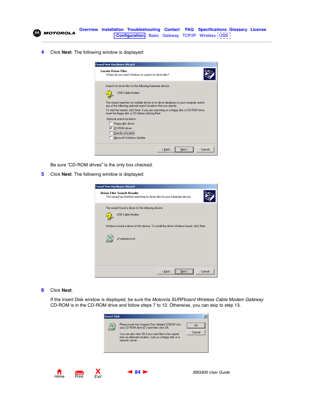 Motorola SBG900 manual Home Print Exit 