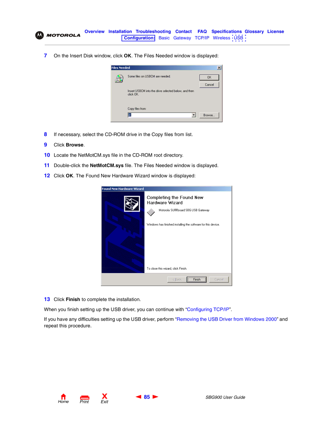 Motorola SBG900 manual Home Print Exit 