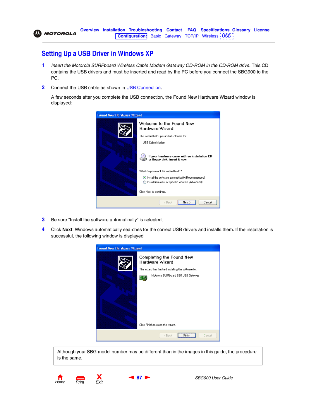 Motorola SBG900 manual Setting Up a USB Driver in Windows XP 