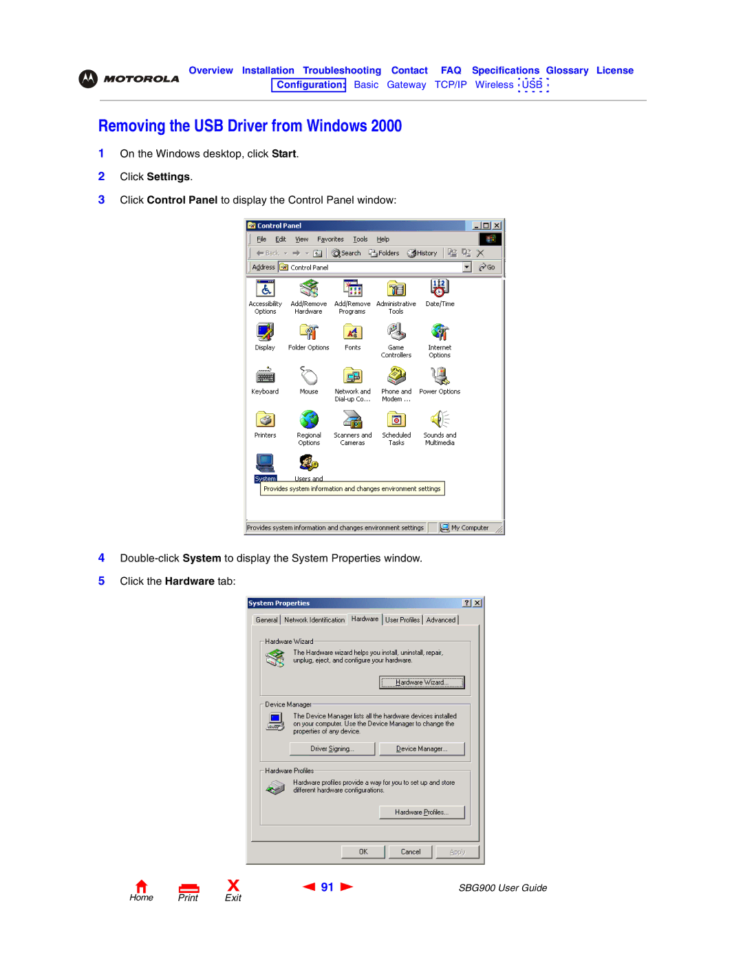 Motorola SBG900 manual Removing the USB Driver from Windows, Click Settings 