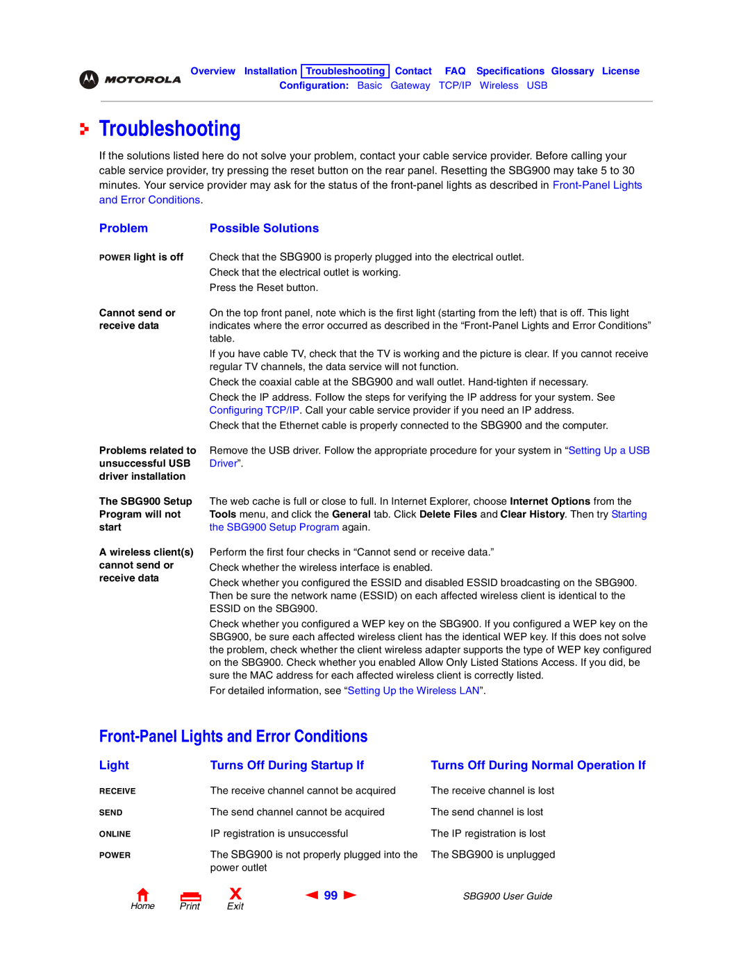 Motorola SBG900 manual Troubleshooting, Front-Panel Lights and Error Conditions, Problem Possible Solutions 