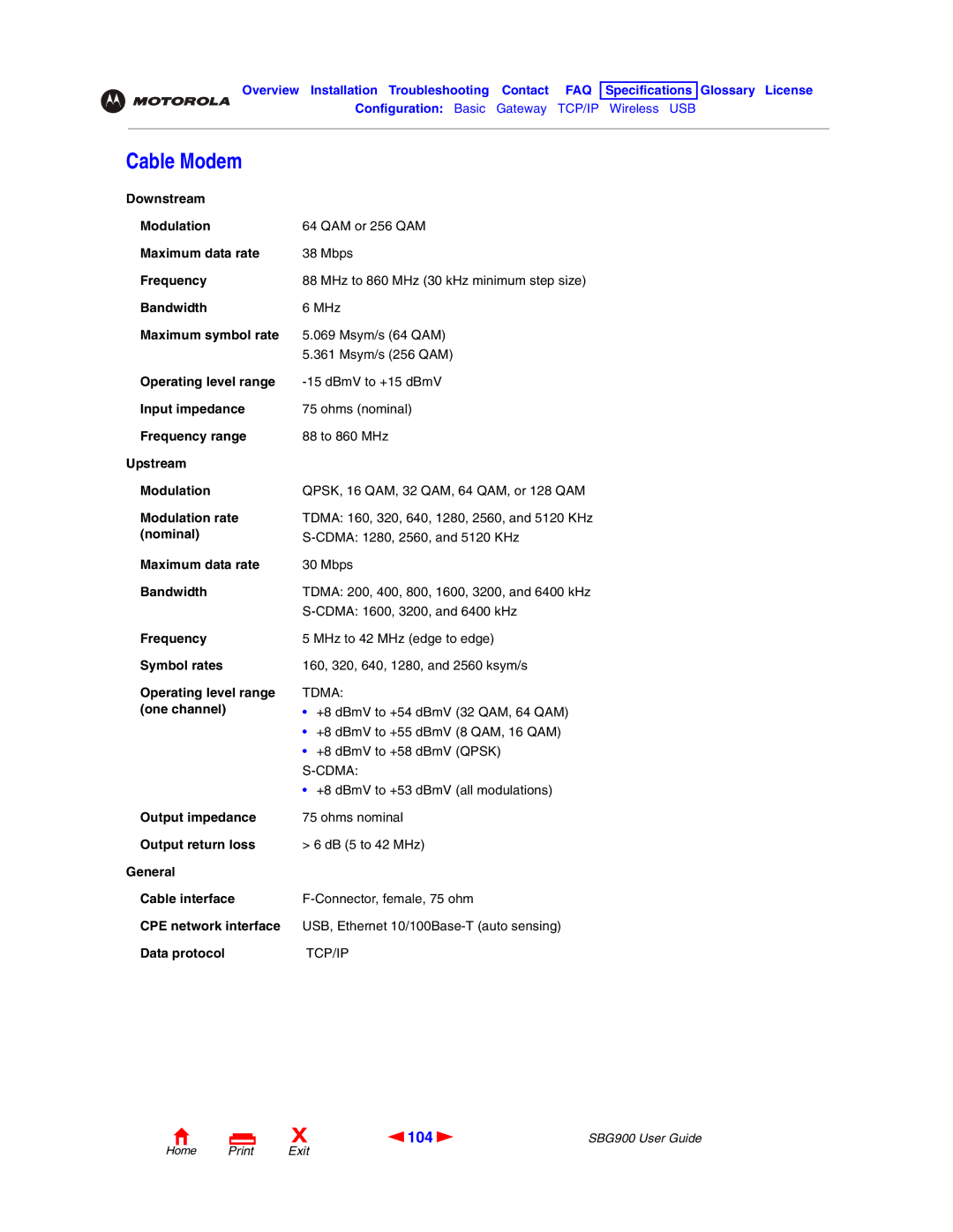 Motorola SBG900 manual Cable Modem, 104 