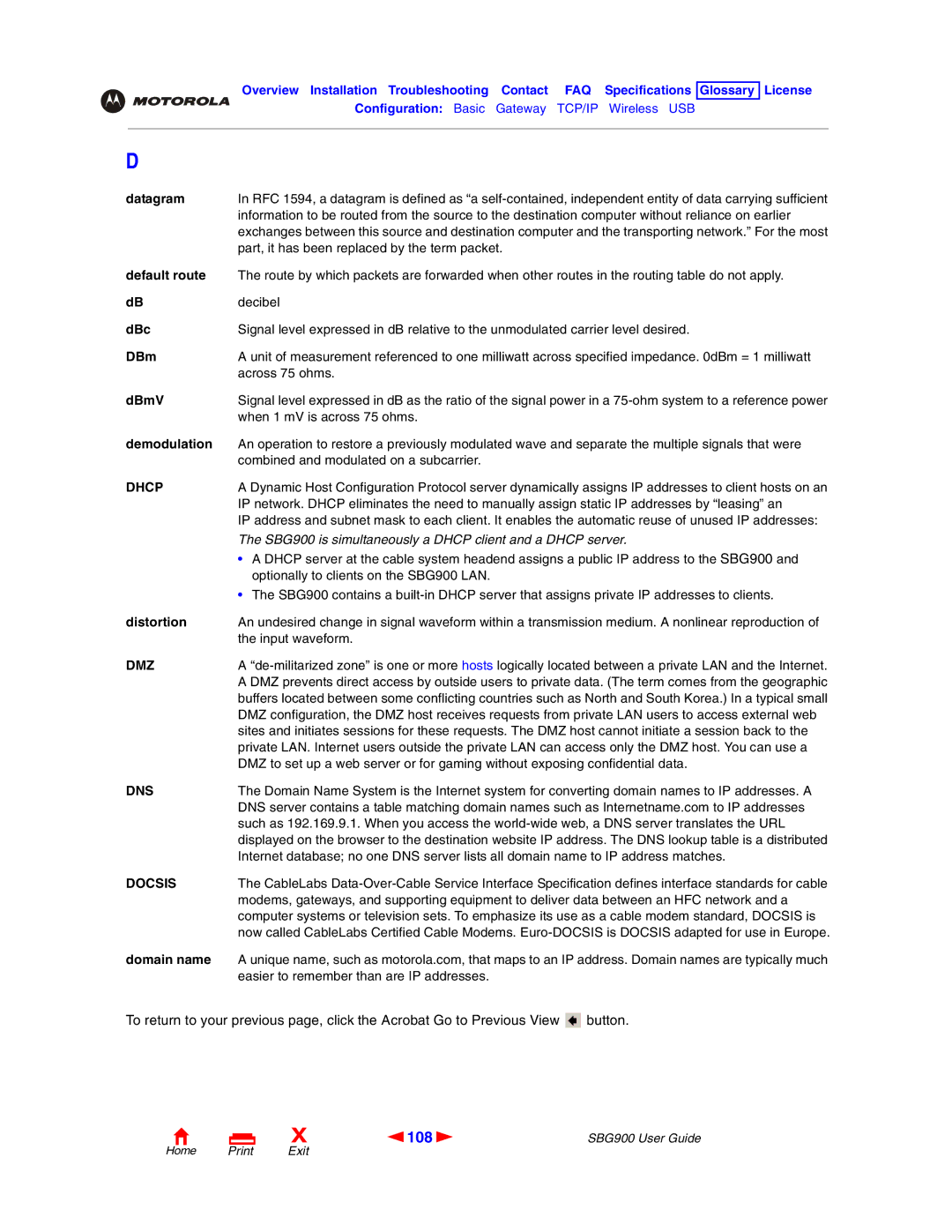 Motorola SBG900 manual 108, Dhcp, Dmz, Dns, Docsis 