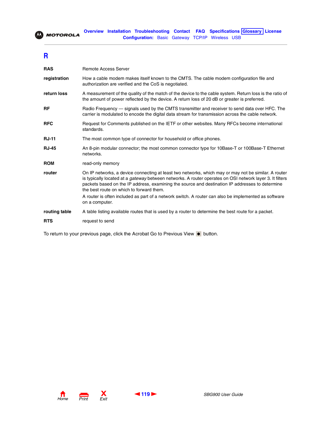 Motorola SBG900 manual 119, Ras, Rfc, Rom, Rts 