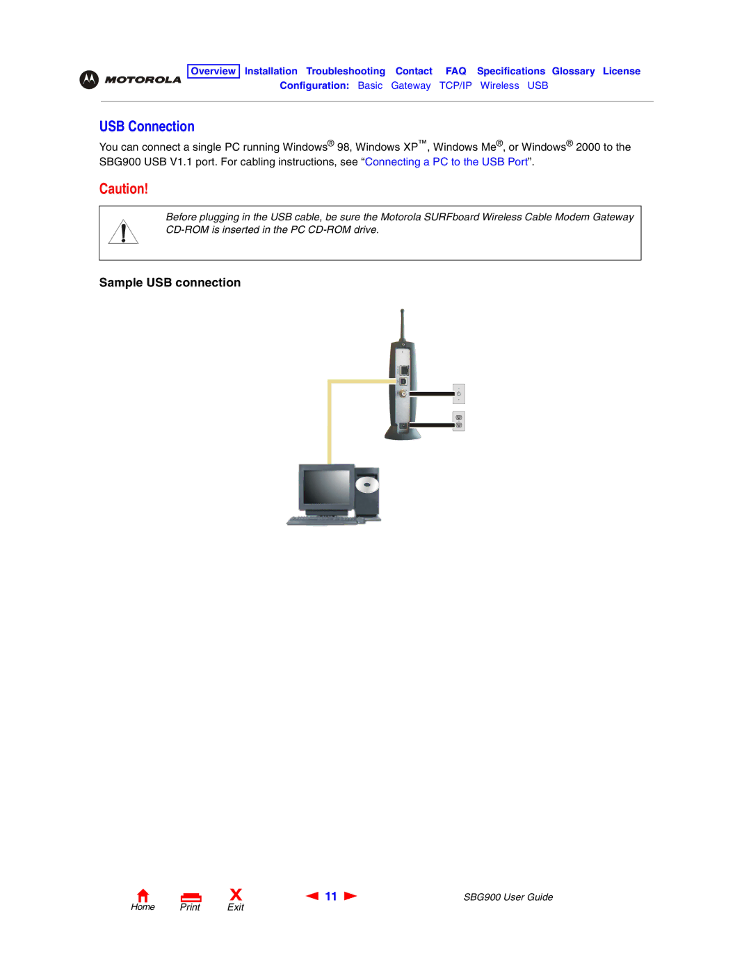 Motorola SBG900 manual USB Connection, Sample USB connection 