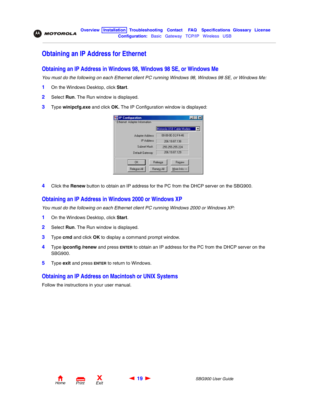 Motorola SBG900 manual Obtaining an IP Address for Ethernet, Obtaining an IP Address in Windows 2000 or Windows XP 