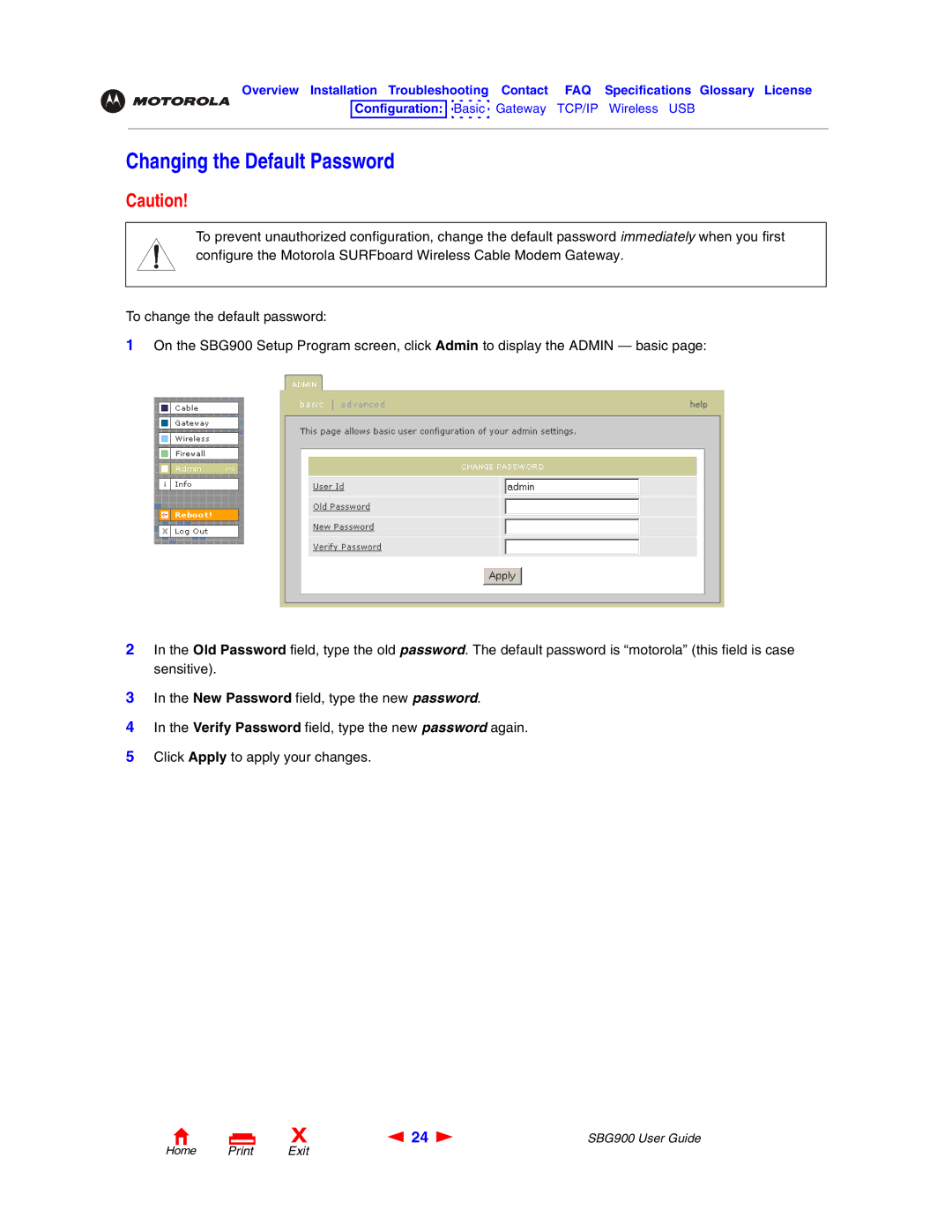 Motorola SBG900 manual Changing the Default Password 