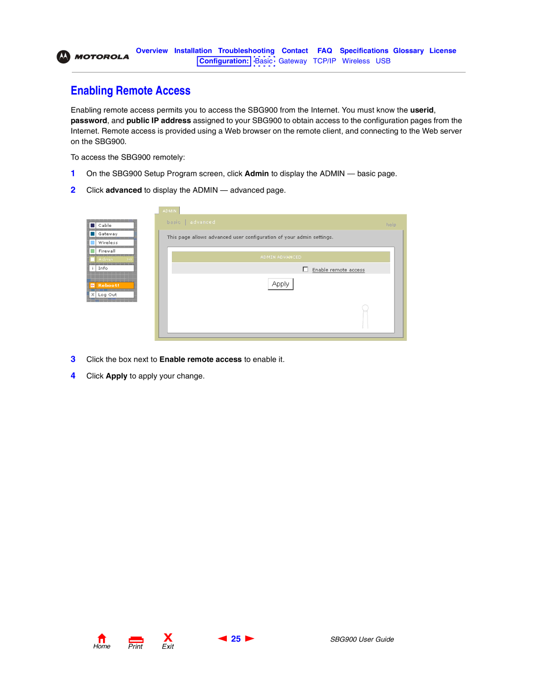 Motorola SBG900 manual Enabling Remote Access 