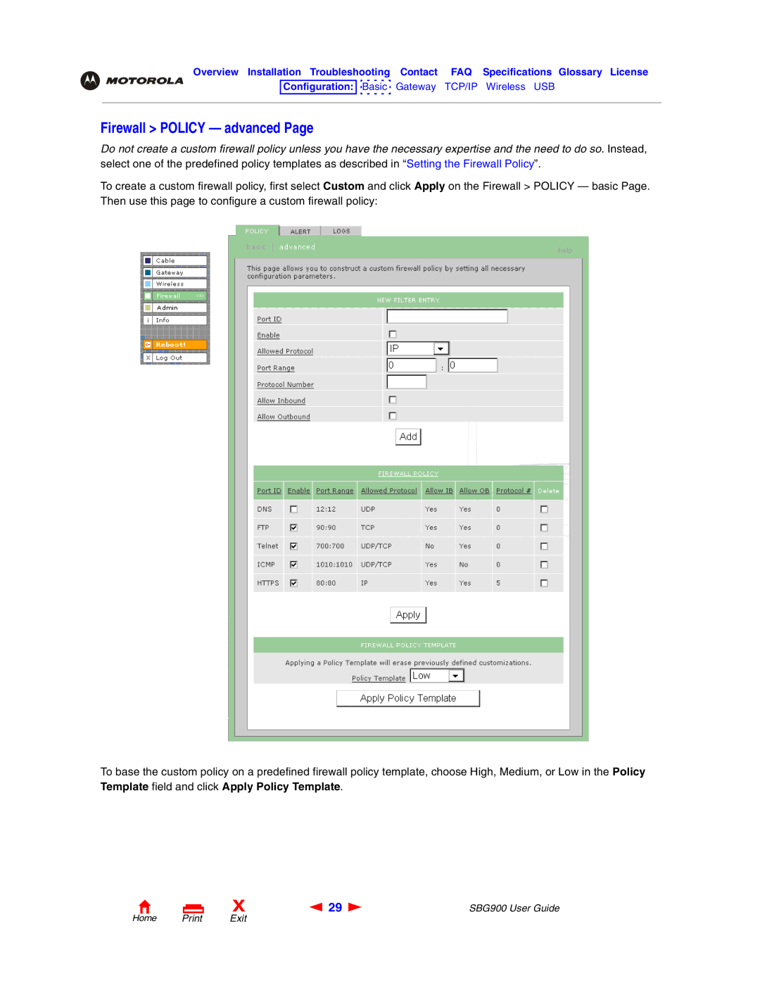 Motorola SBG900 manual Firewall Policy advanced 