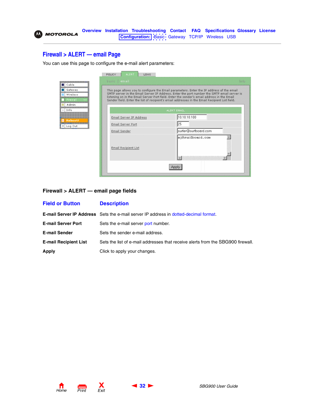 Motorola SBG900 manual Firewall Alert email, Mail Server IP Address, Mail Server Port, Mail Sender, Mail Recipient List 