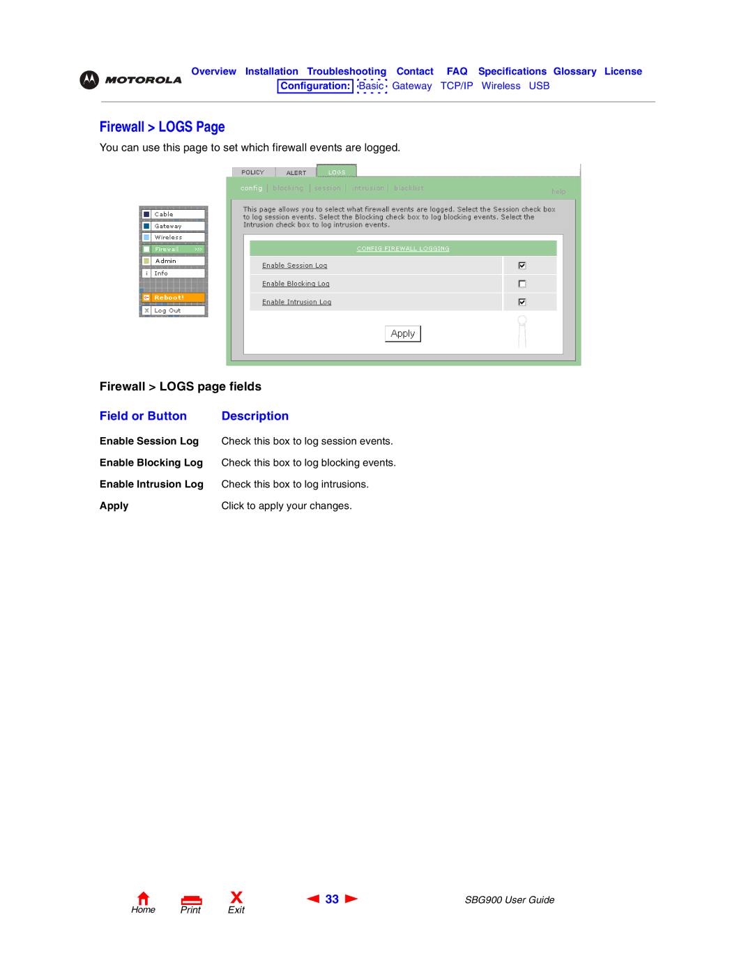 Motorola SBG900 manual Firewall Logs 