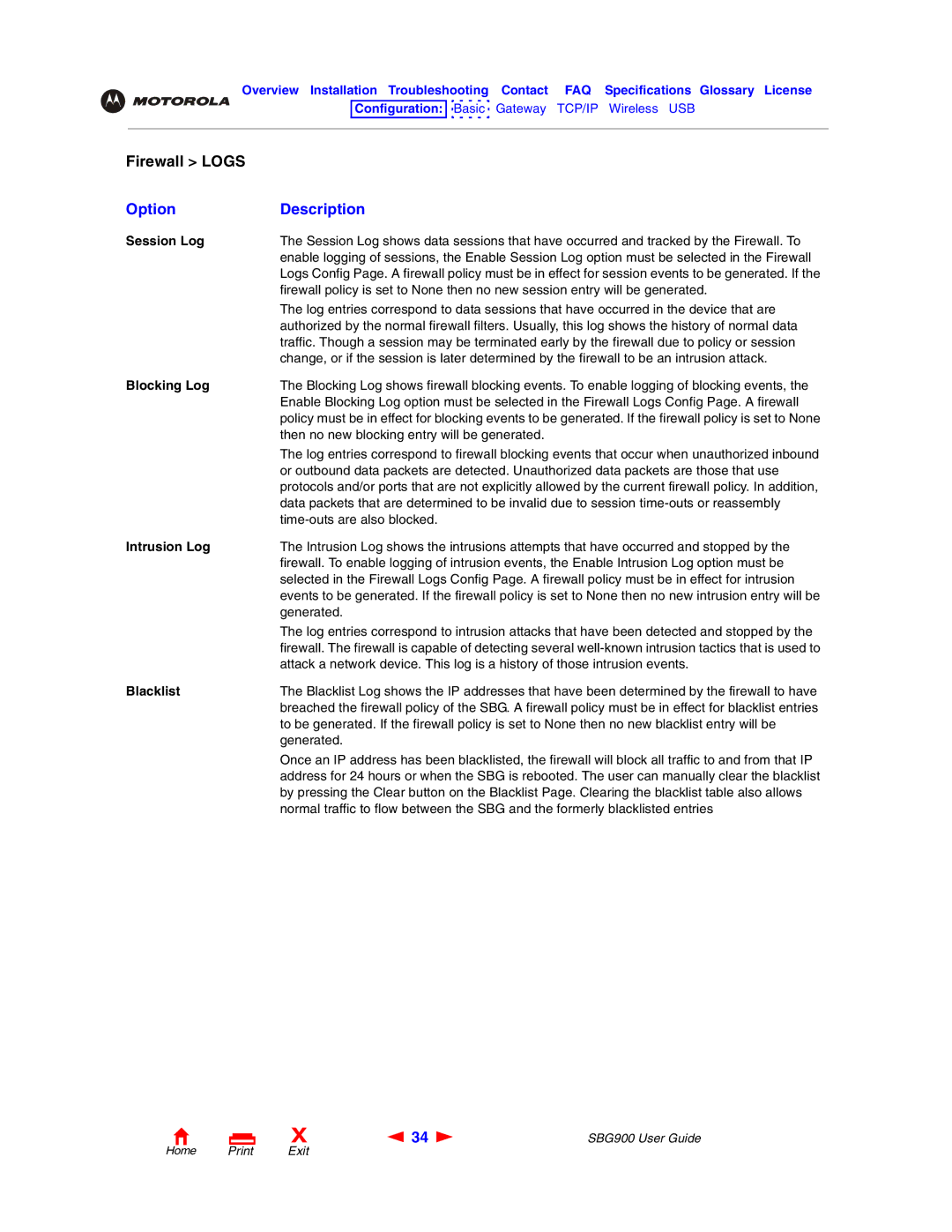 Motorola SBG900 manual Option Description, Session Log, Blocking Log, Intrusion Log, Blacklist 