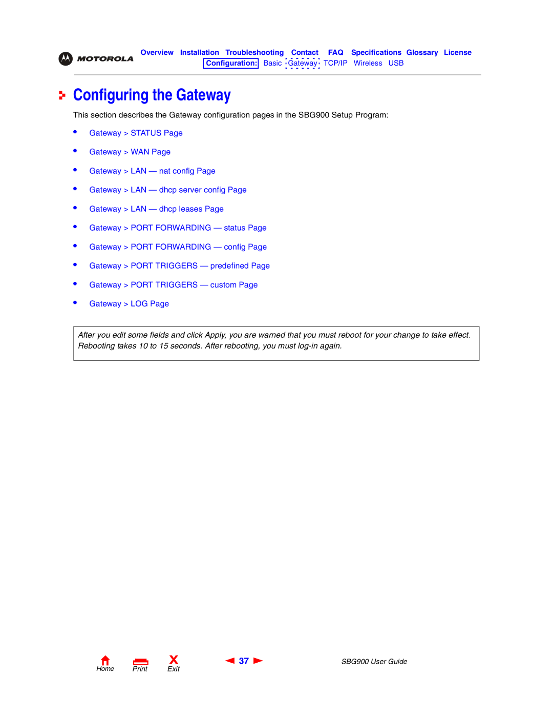 Motorola SBG900 manual Configuring the Gateway 