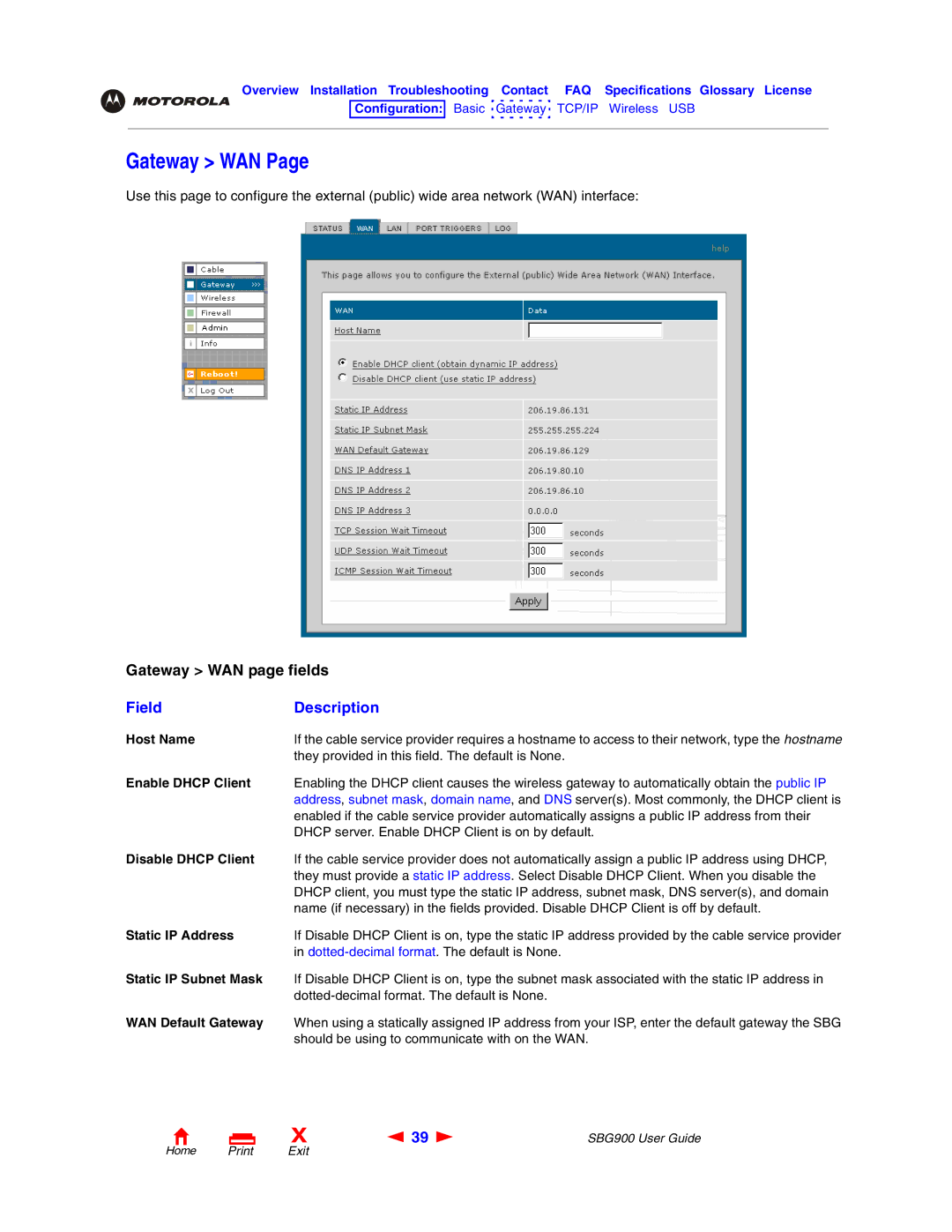 Motorola SBG900 manual Gateway WAN 