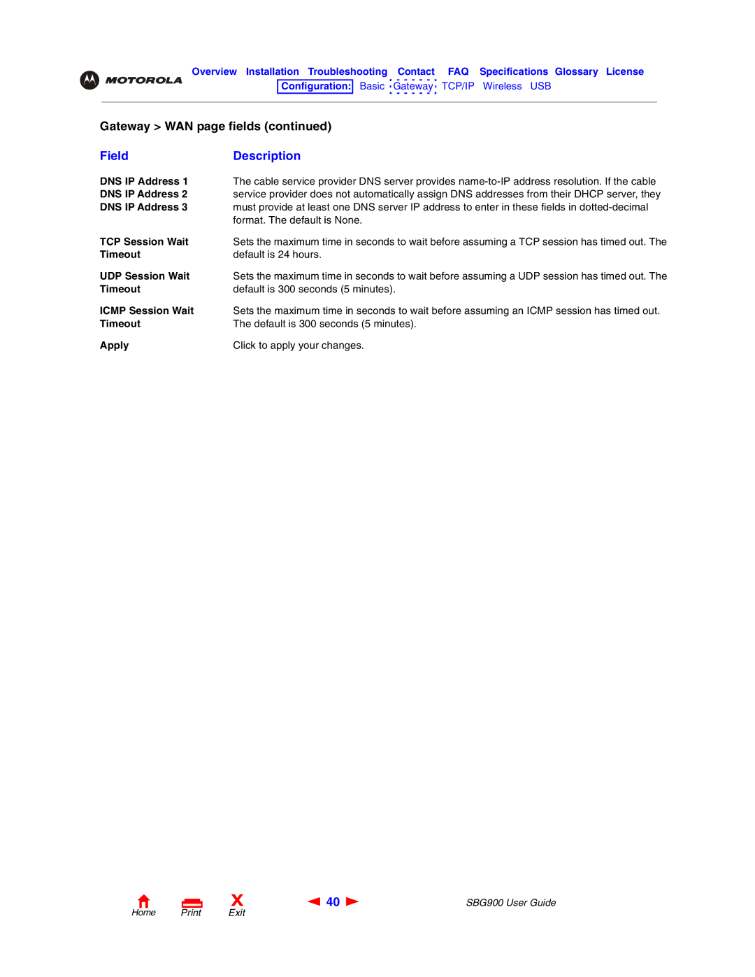 Motorola SBG900 manual DNS IP Address, TCP Session Wait, Timeout, UDP Session Wait, Icmp Session Wait 