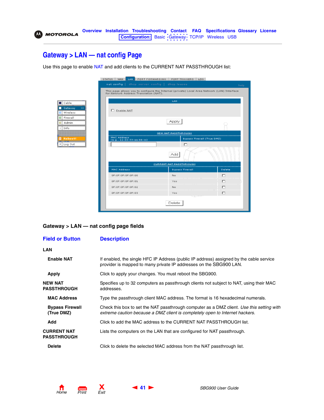 Motorola SBG900 manual Gateway LAN nat config, Lan, New Nat, Passthrough, Current NAT 