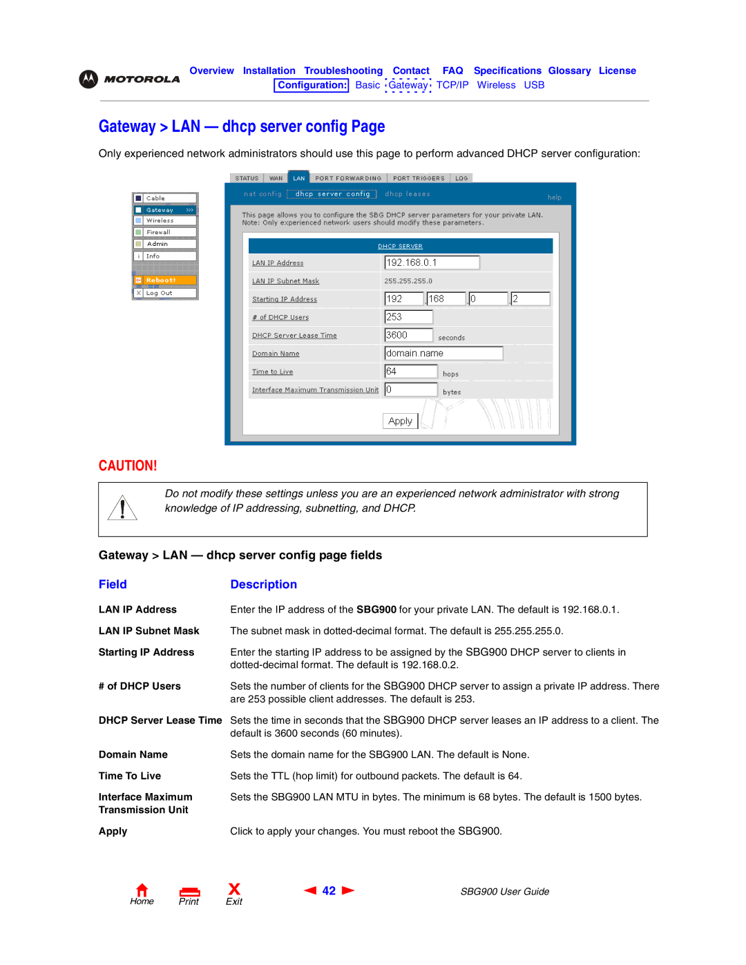 Motorola SBG900 manual Gateway LAN dhcp server config 