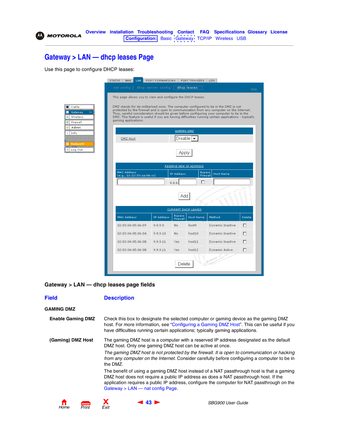 Motorola SBG900 manual Gateway LAN dhcp leases, FieldDescription, Gaming DMZ 