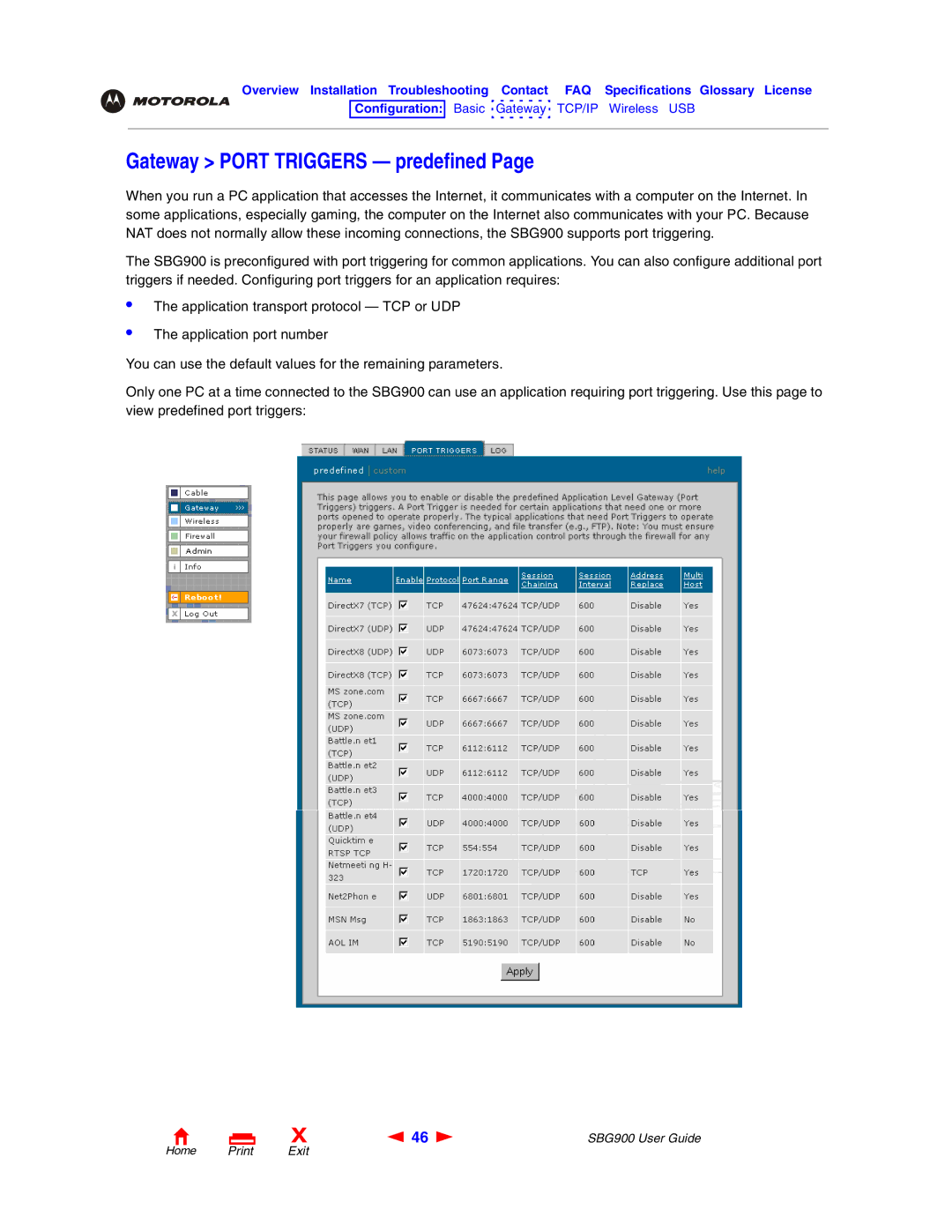 Motorola SBG900 manual Gateway Port Triggers predefined 