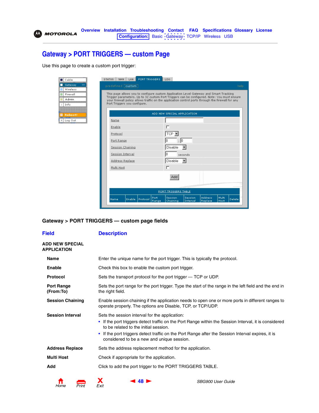 Motorola SBG900 manual Gateway Port Triggers custom, ADD NEW Special Application, FromTo 
