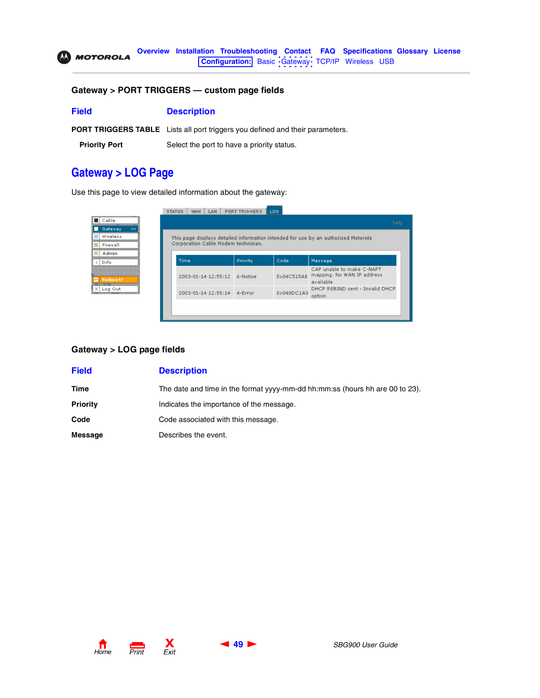 Motorola SBG900 manual Gateway LOG 