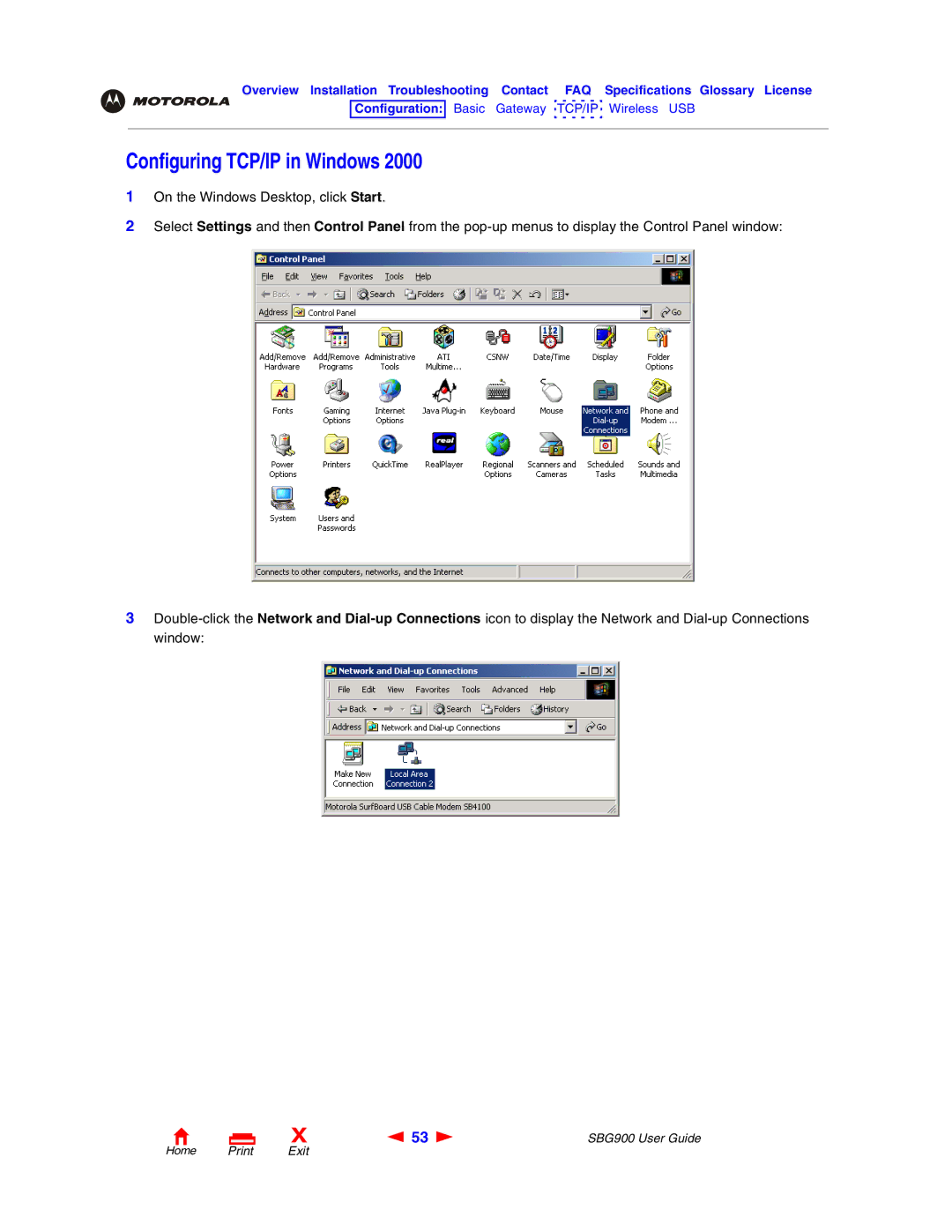 Motorola SBG900 manual Configuring TCP/IP in Windows 