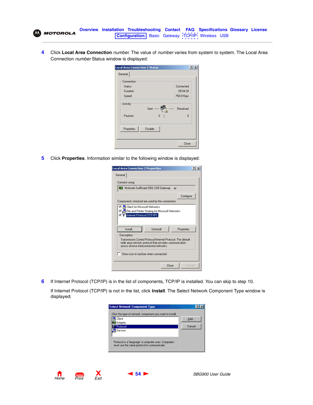 Motorola SBG900 manual Home Print Exit 