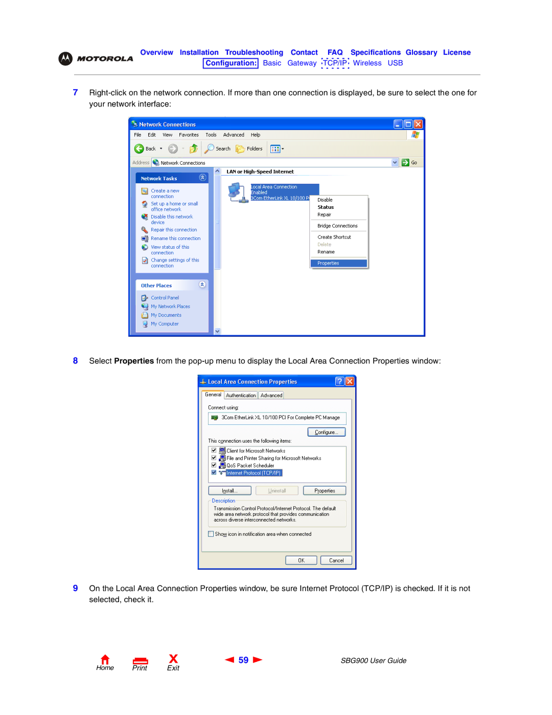 Motorola SBG900 manual Home Print Exit 