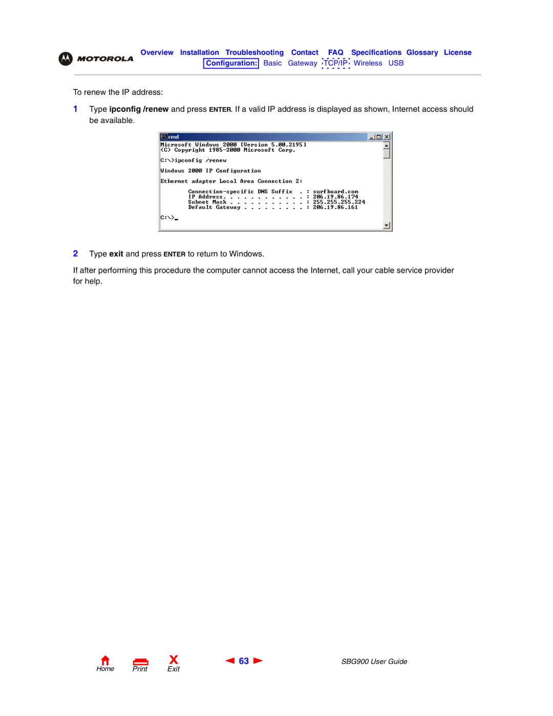 Motorola SBG900 manual Home Print Exit 