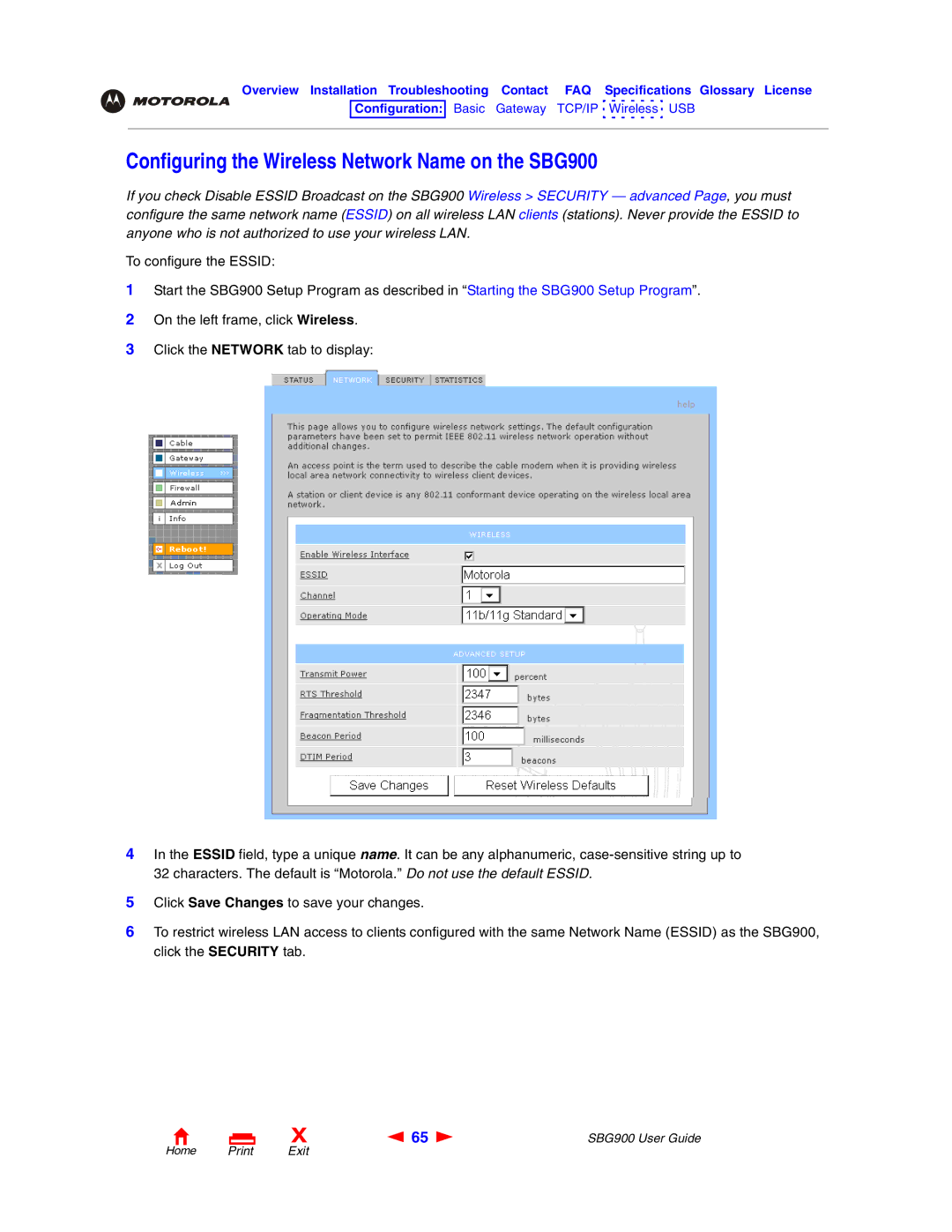 Motorola manual Configuring the Wireless Network Name on the SBG900 