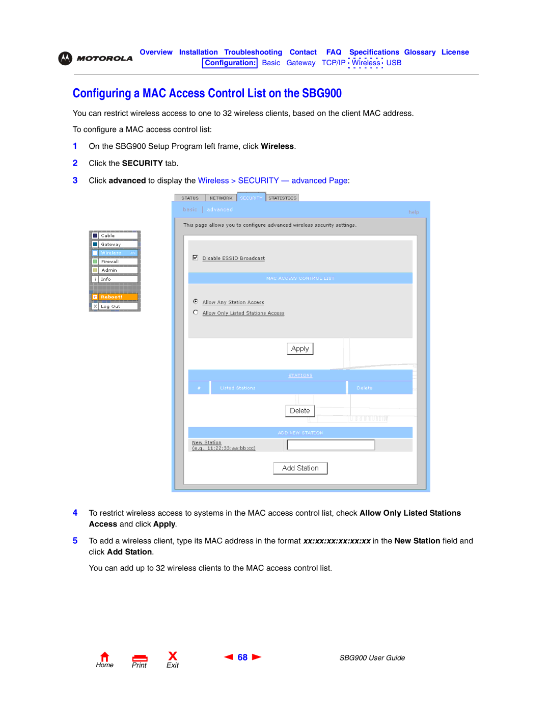 Motorola manual Configuring a MAC Access Control List on the SBG900 