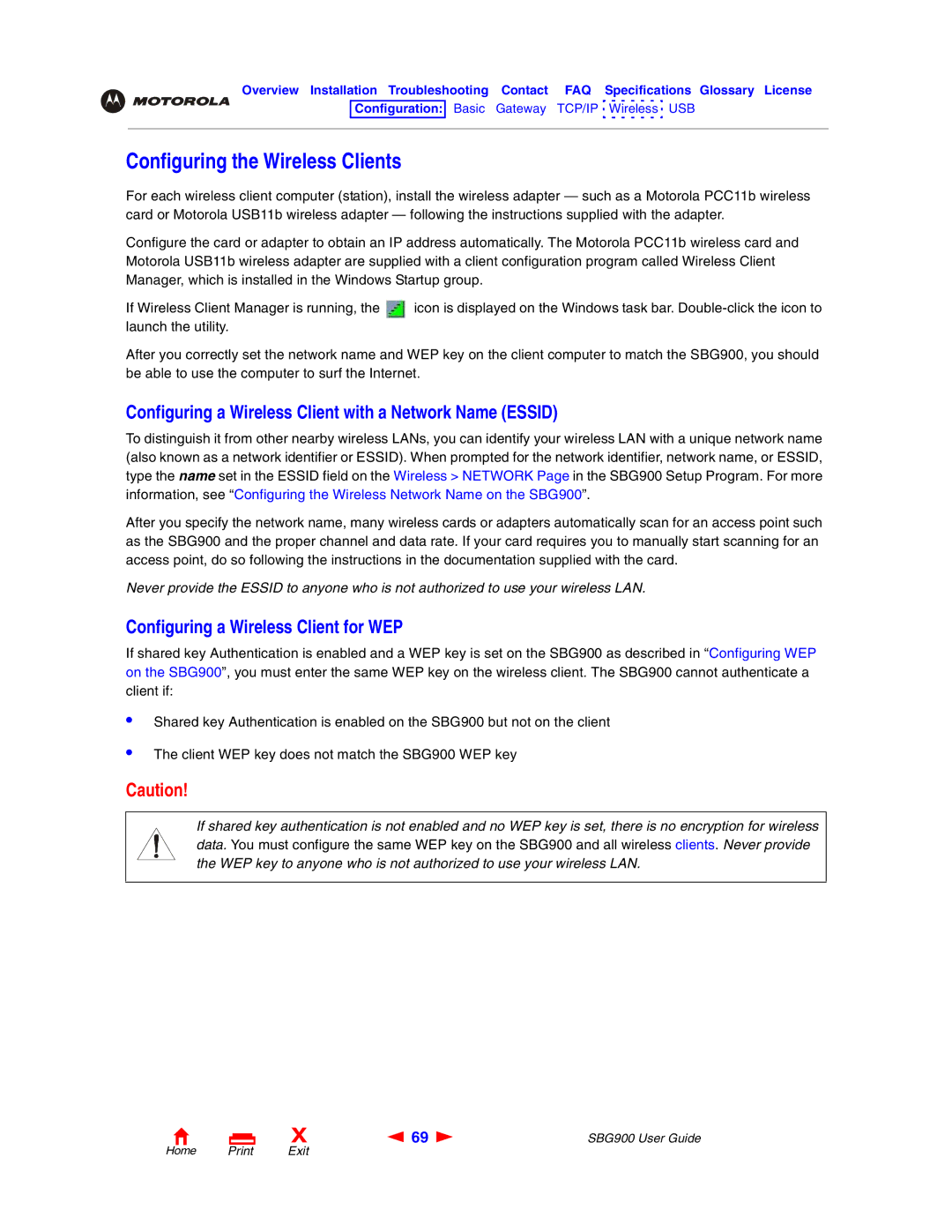 Motorola SBG900 manual Configuring the Wireless Clients, Configuring a Wireless Client with a Network Name Essid 