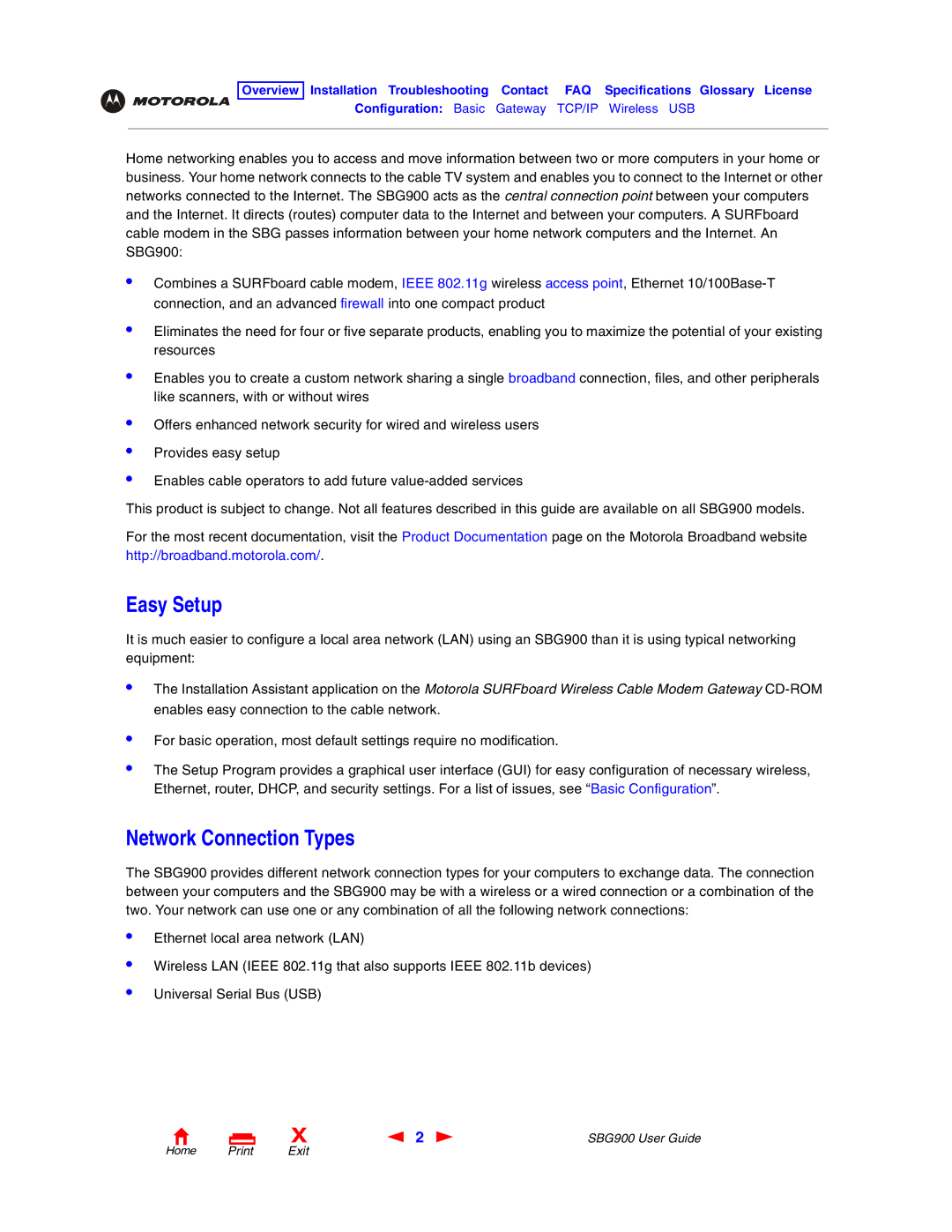 Motorola SBG900 manual Easy Setup, Network Connection Types 