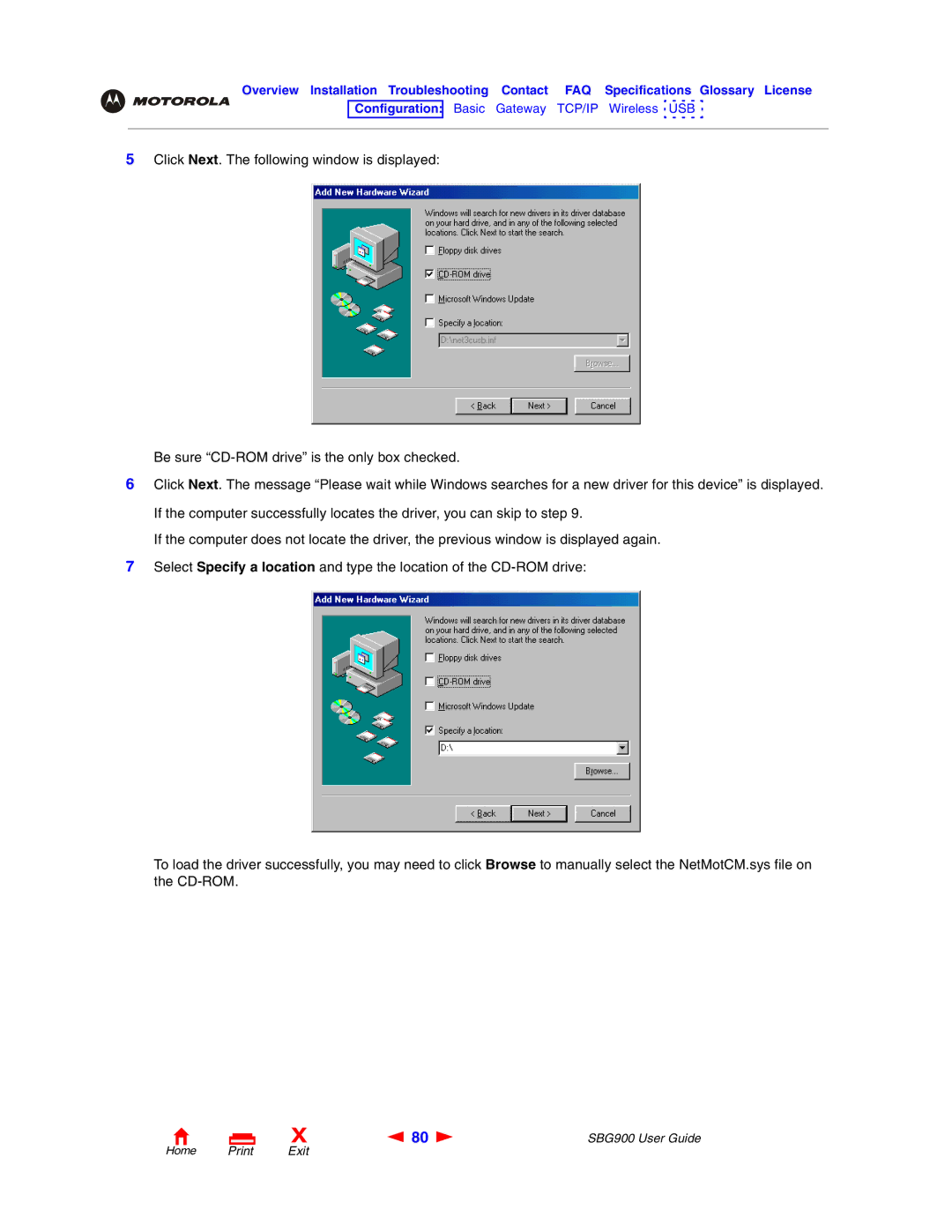 Motorola SBG900 manual Home Print Exit 