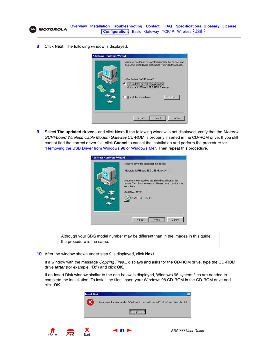 Motorola SBG900 manual Home Print Exit 