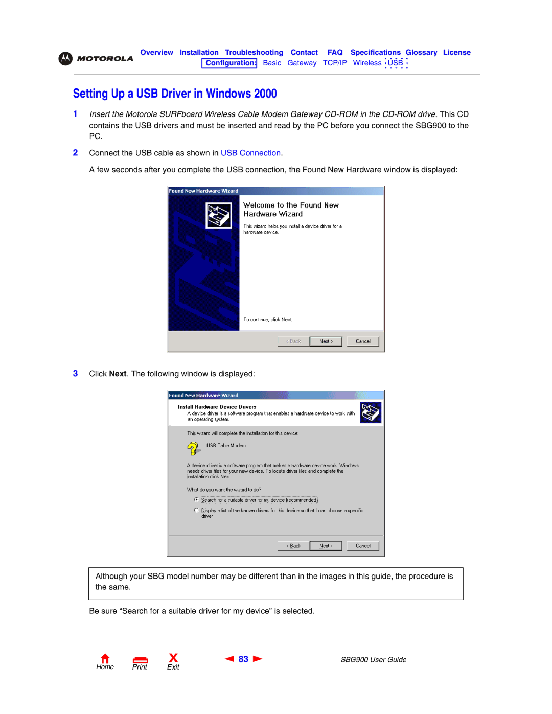 Motorola SBG900 manual Setting Up a USB Driver in Windows 