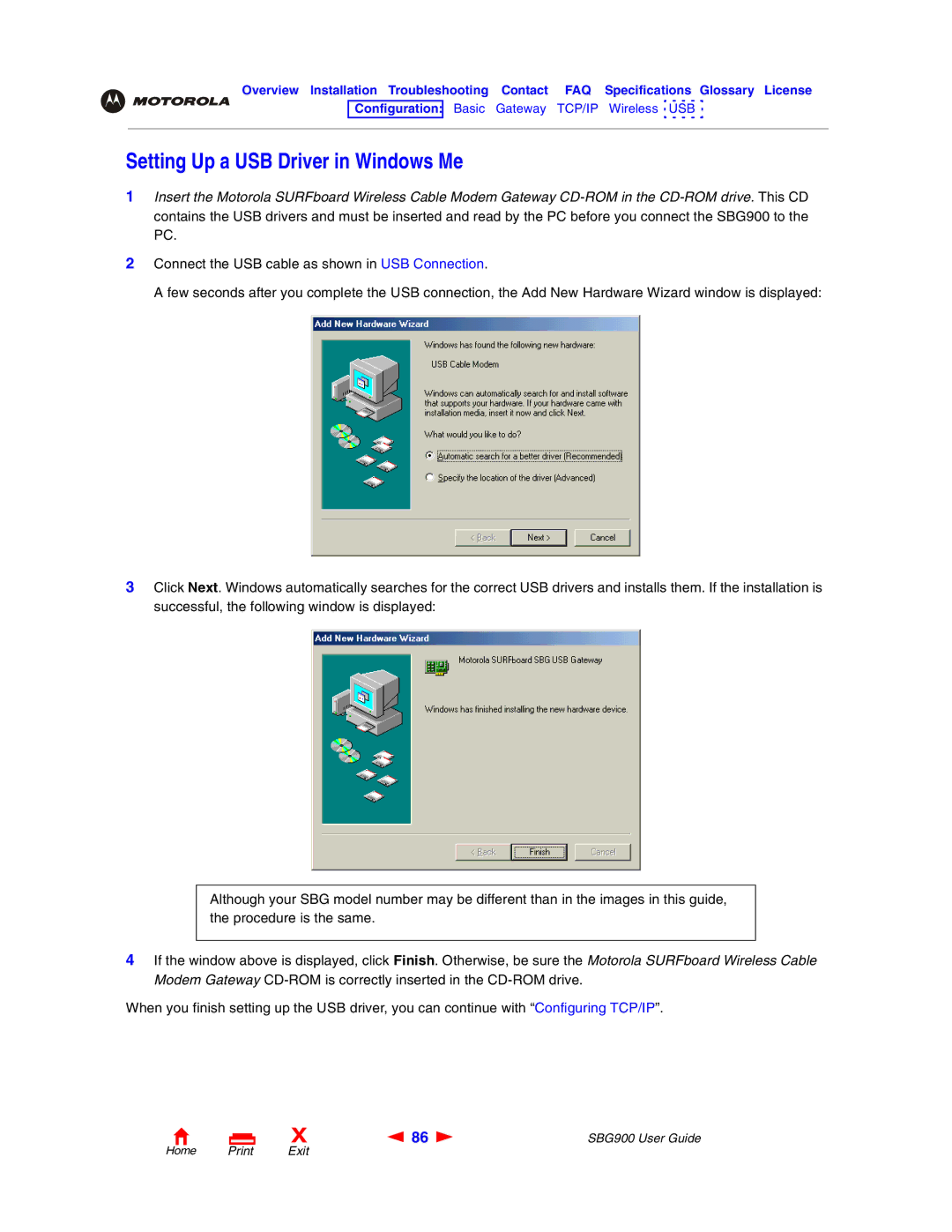 Motorola SBG900 manual Setting Up a USB Driver in Windows Me 