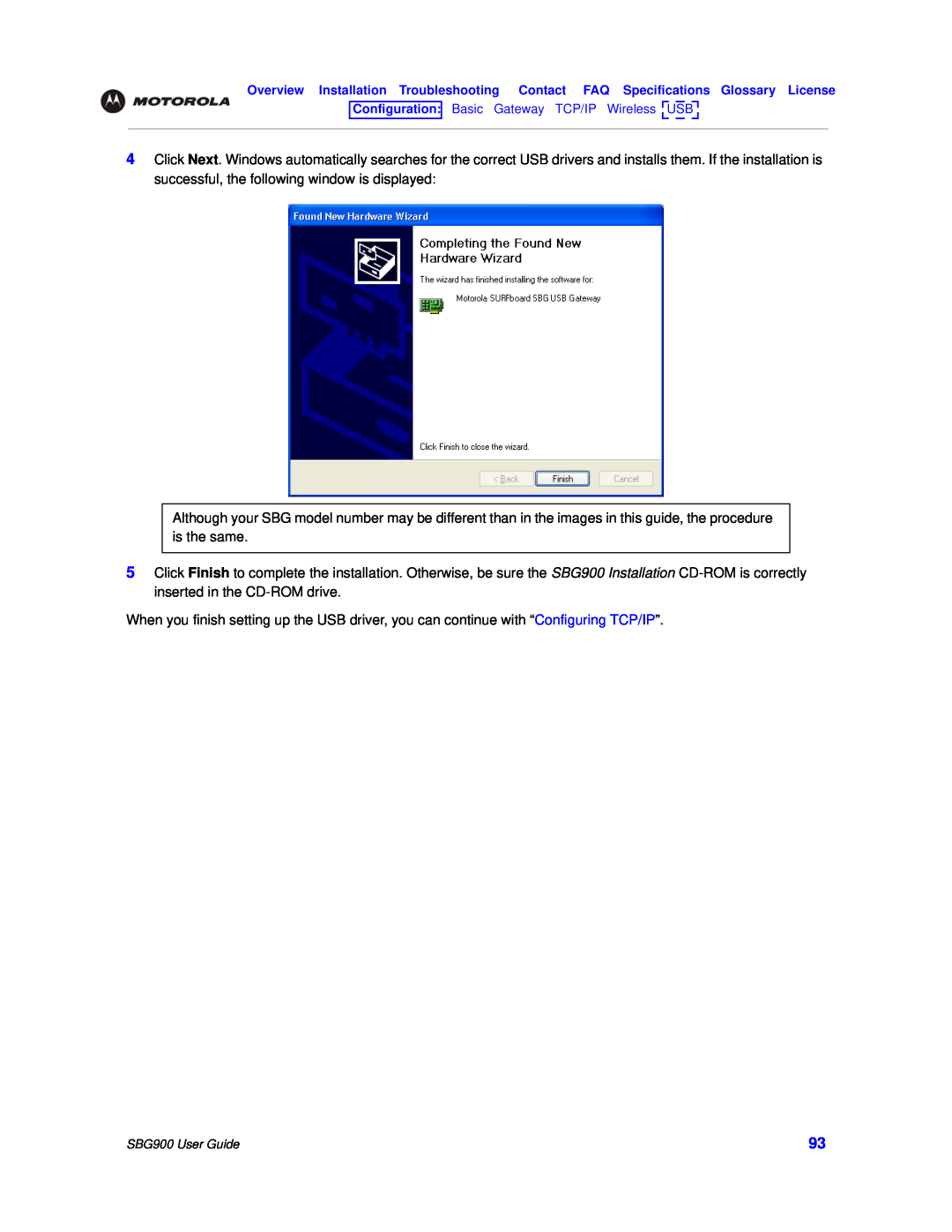 Motorola manual Configuration Basic Gateway TCP/IP Wireless USB, SBG900 User Guide 