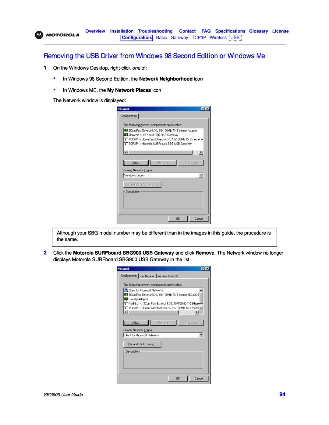 Motorola SBG900 manual Removing the USB Driver from Windows 98 Second Edition or Windows Me 