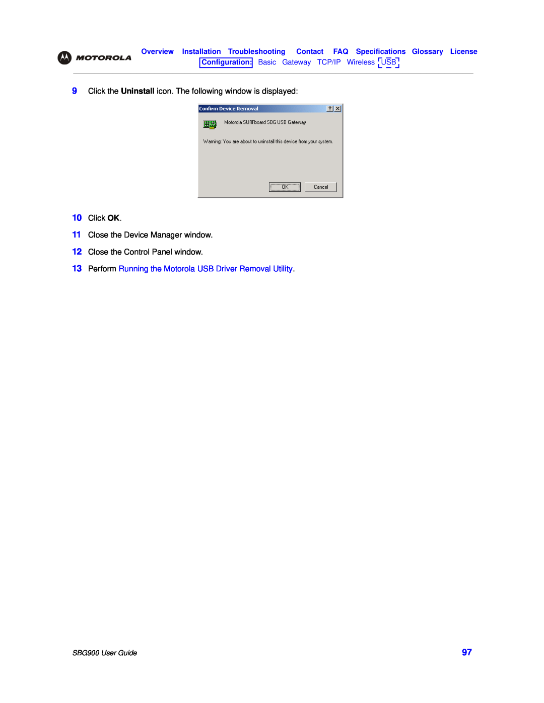 Motorola SBG900 manual Perform Running the Motorola USB Driver Removal Utility, Click OK 11 Close the Device Manager window 
