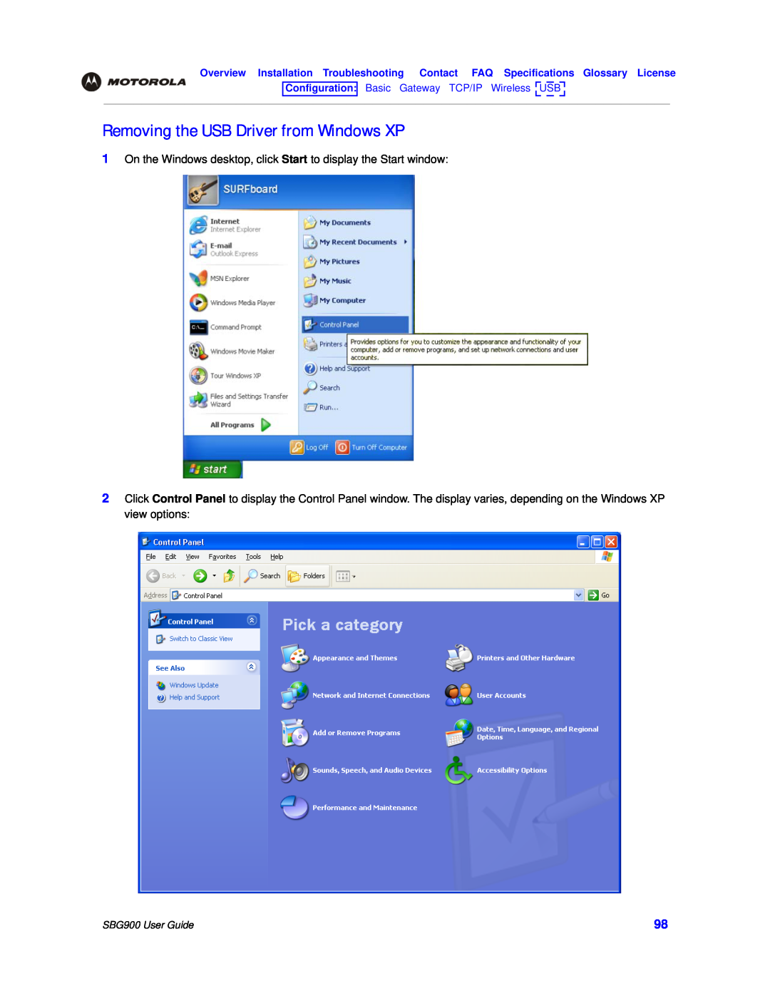 Motorola SBG900 Removing the USB Driver from Windows XP, On the Windows desktop, click Start to display the Start window 