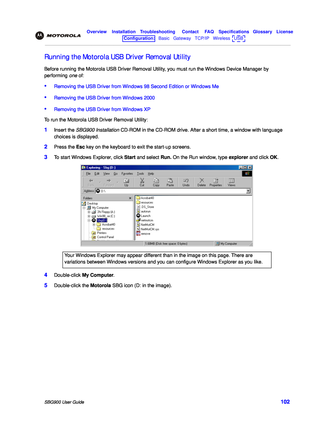 Motorola SBG900 manual Running the Motorola USB Driver Removal Utility, Removing the USB Driver from Windows 