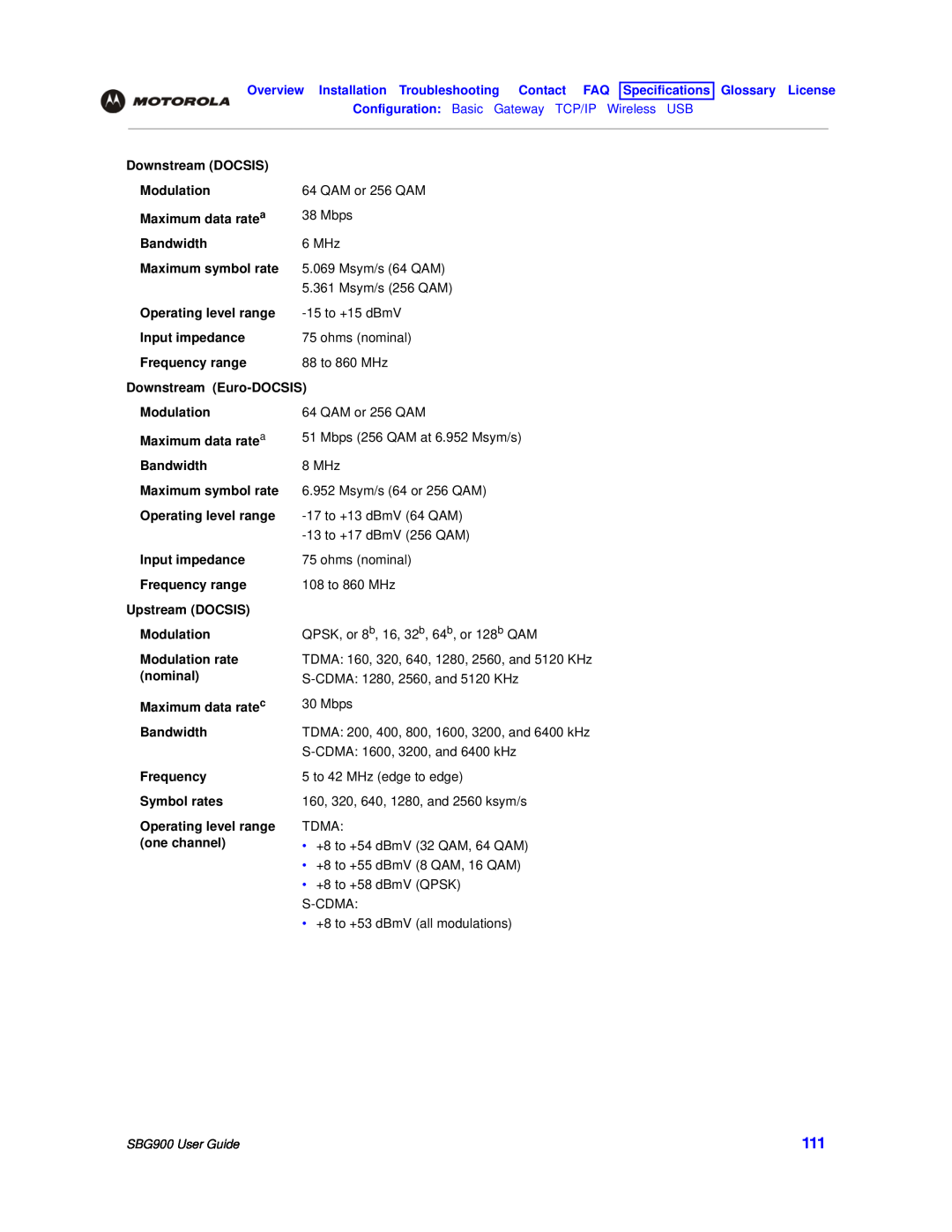 Motorola manual Configuration Basic Gateway TCP/IP Wireless USB, Downstream DOCSIS, SBG900 User Guide 