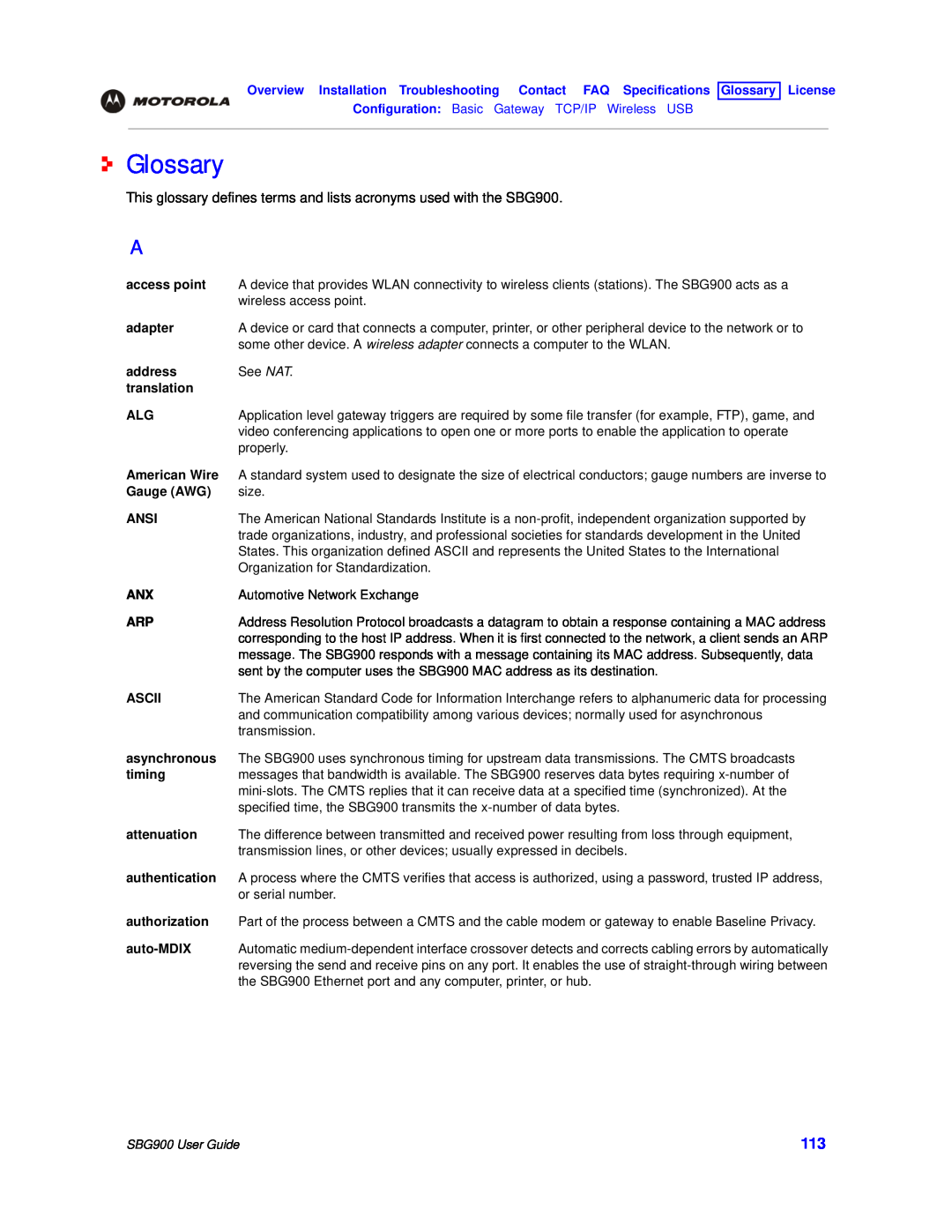 Motorola manual Glossary, Configuration Basic Gateway TCP/IP Wireless USB, SBG900 User Guide 