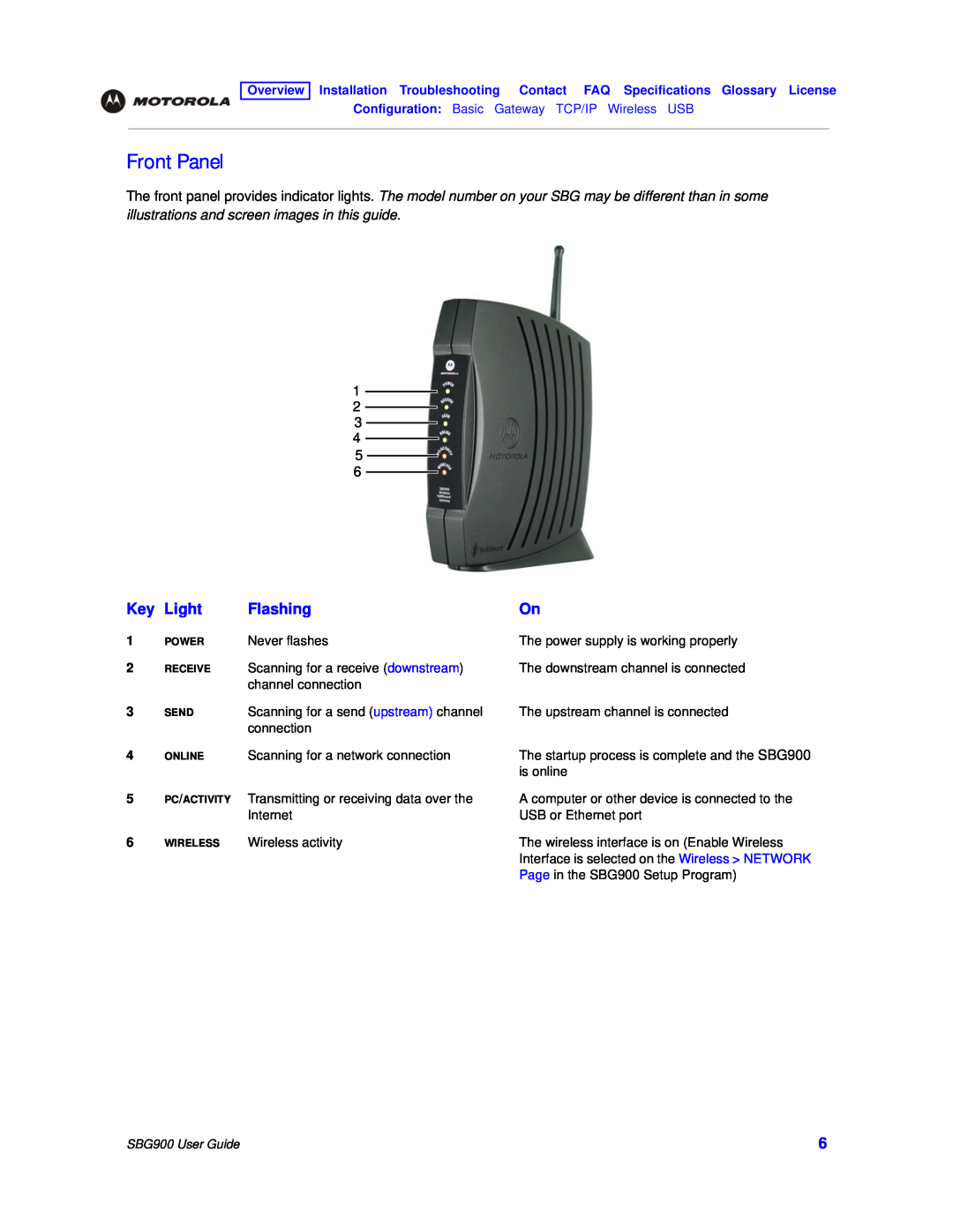 Motorola manual Front Panel, Light, Flashing, Configuration Basic Gateway TCP/IP Wireless USB, SBG900 User Guide 